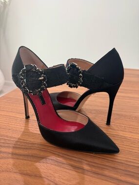 Carolina Herrera Black Satin Pointed Stiletto Pumps with Jeweled Buckle